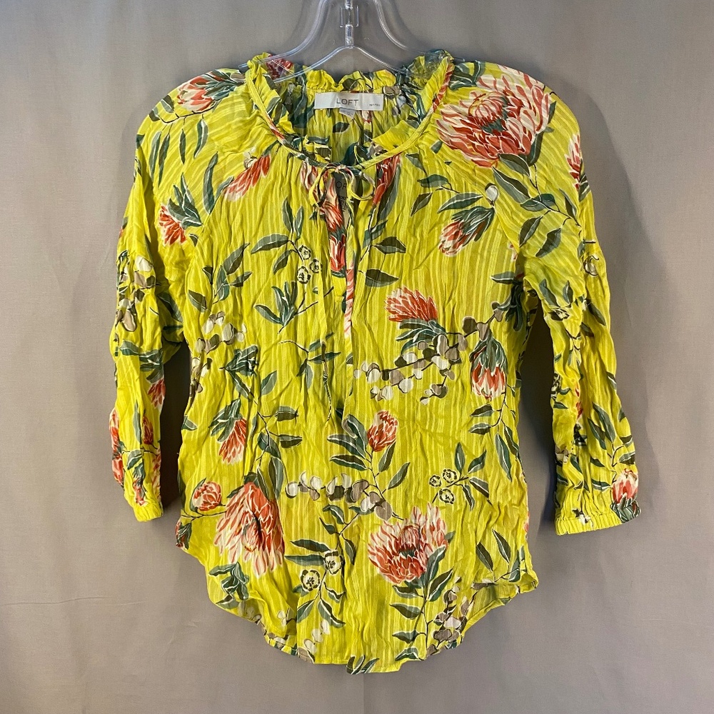 Loft Petites Long Sleeve Blouse, Yellow with Tropical Flowers - Size XXSP (NWT)